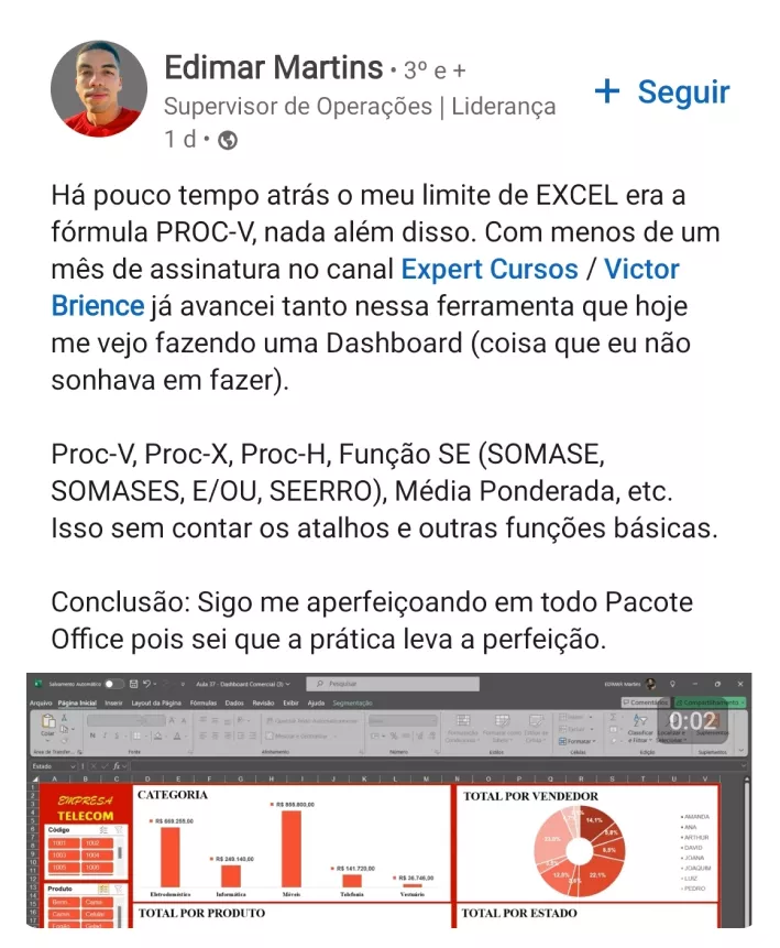 Avaliação real de aluna sobre o curso online de Power BI e Excel